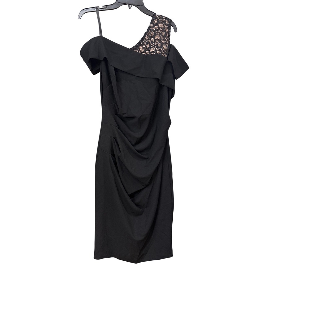 Betsy & Adam Womens 14W Black Lace One Shoulder Sequin Ruched Cocktail Dress